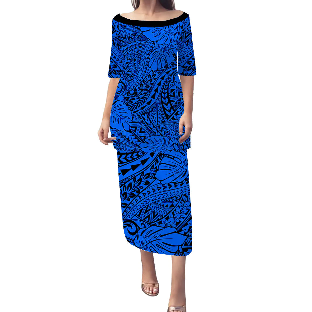 (Custom Personalised) Hawaii Puletasi Dress Polynesian Tribal Art Ver.04 LT14 Long Dress Blue - Polynesian Pride