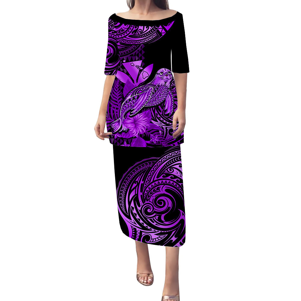 (Custom Personalised) Hawaii Monk Seal Puletasi Dress Kakau With Kanaka Purple LT14 Long Dress Purple - Polynesian Pride