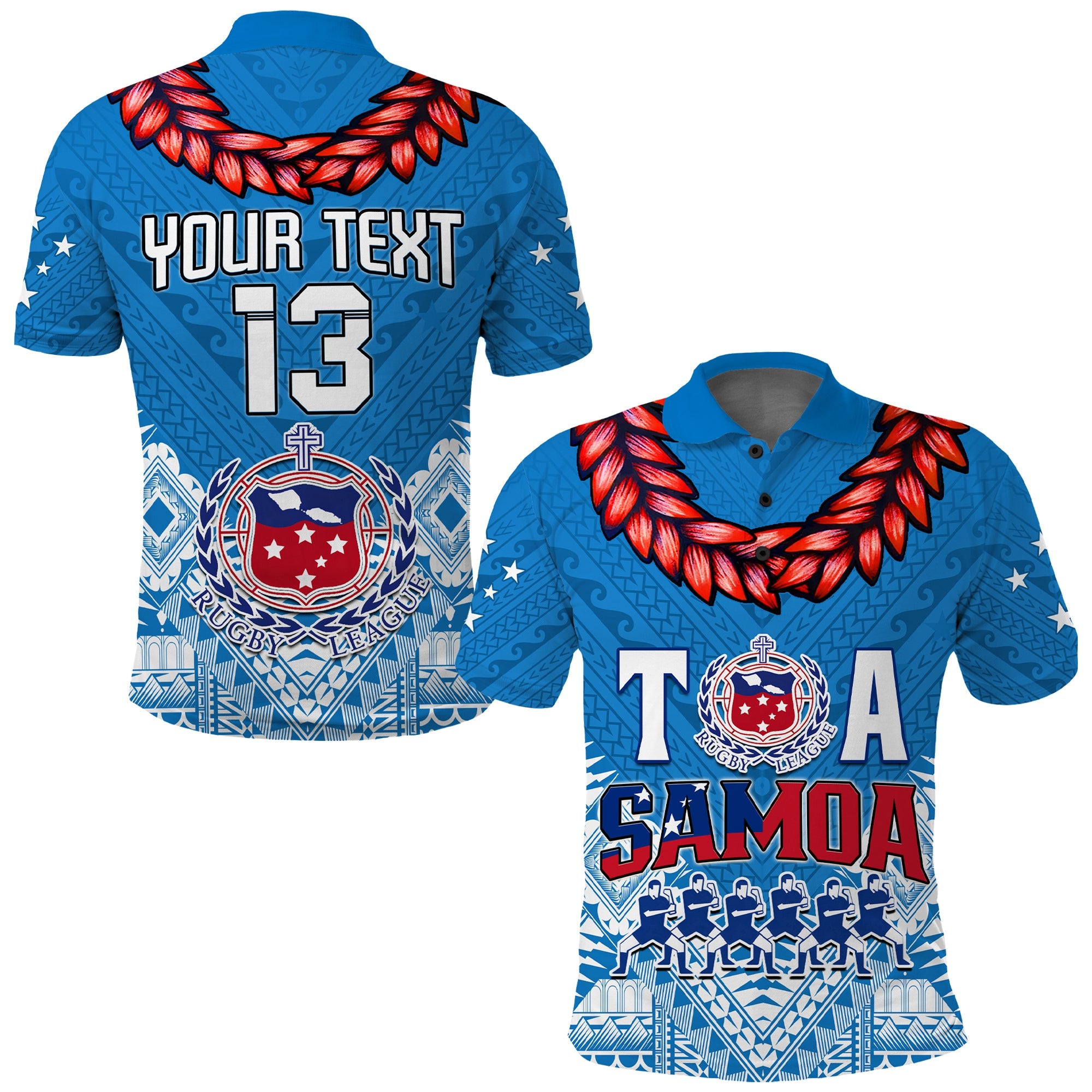 Custom Personalise Text and Number Toa Samoa Rugby Polo Shirt Manu Siva Tau Style Ulafala LT13 Blue - Polynesian Pride