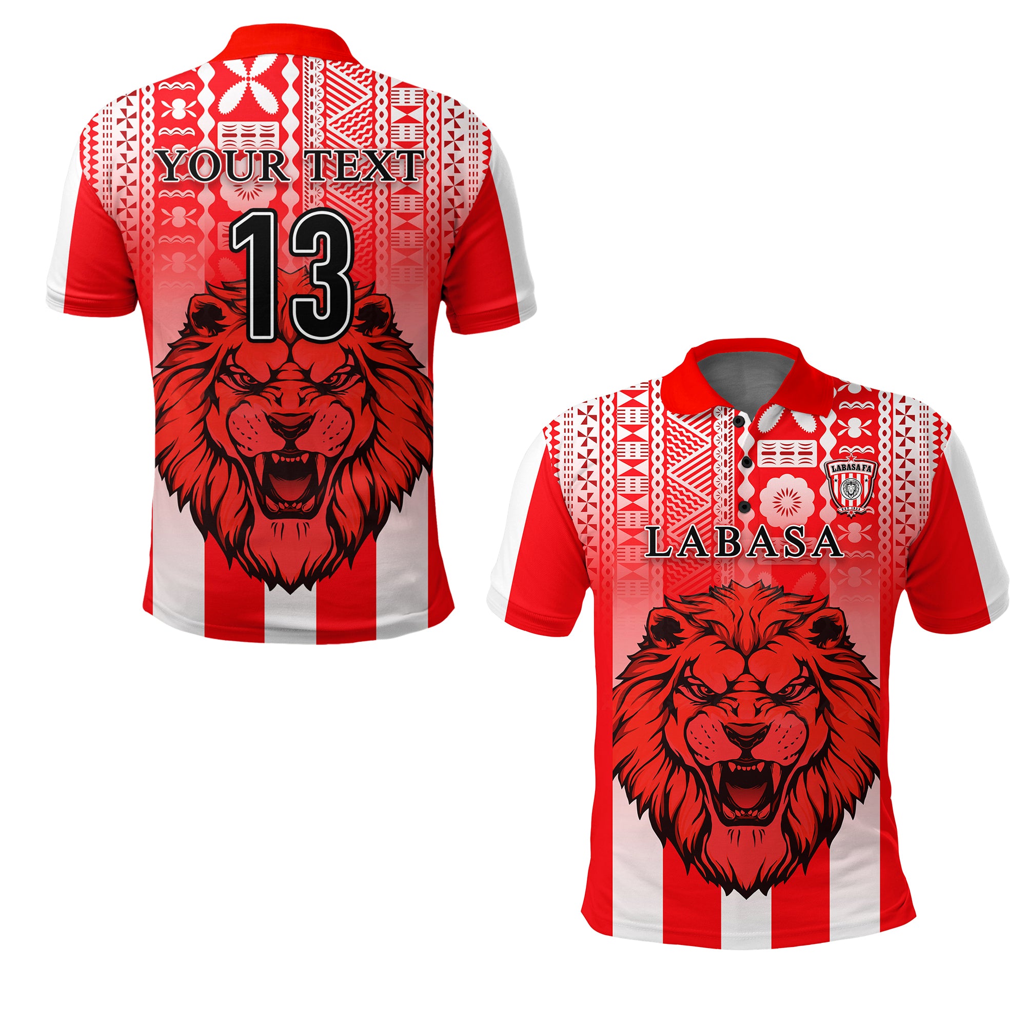 Custom Football LABASA FA Polo Shirt Red Lion Fiji Custom Text and Number LT13 Unisex Red - Polynesian Pride