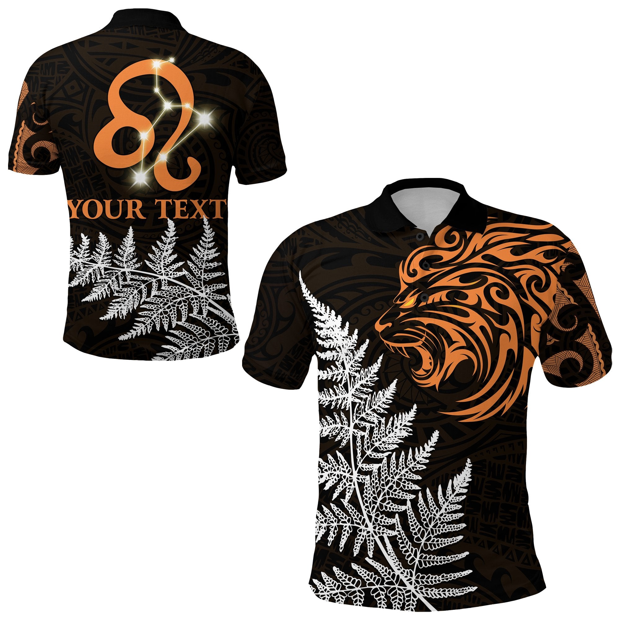 Custom Leo Zodiac Style Maori Polo Shirt Orange Lion LT13 Unisex Black - Polynesian Pride