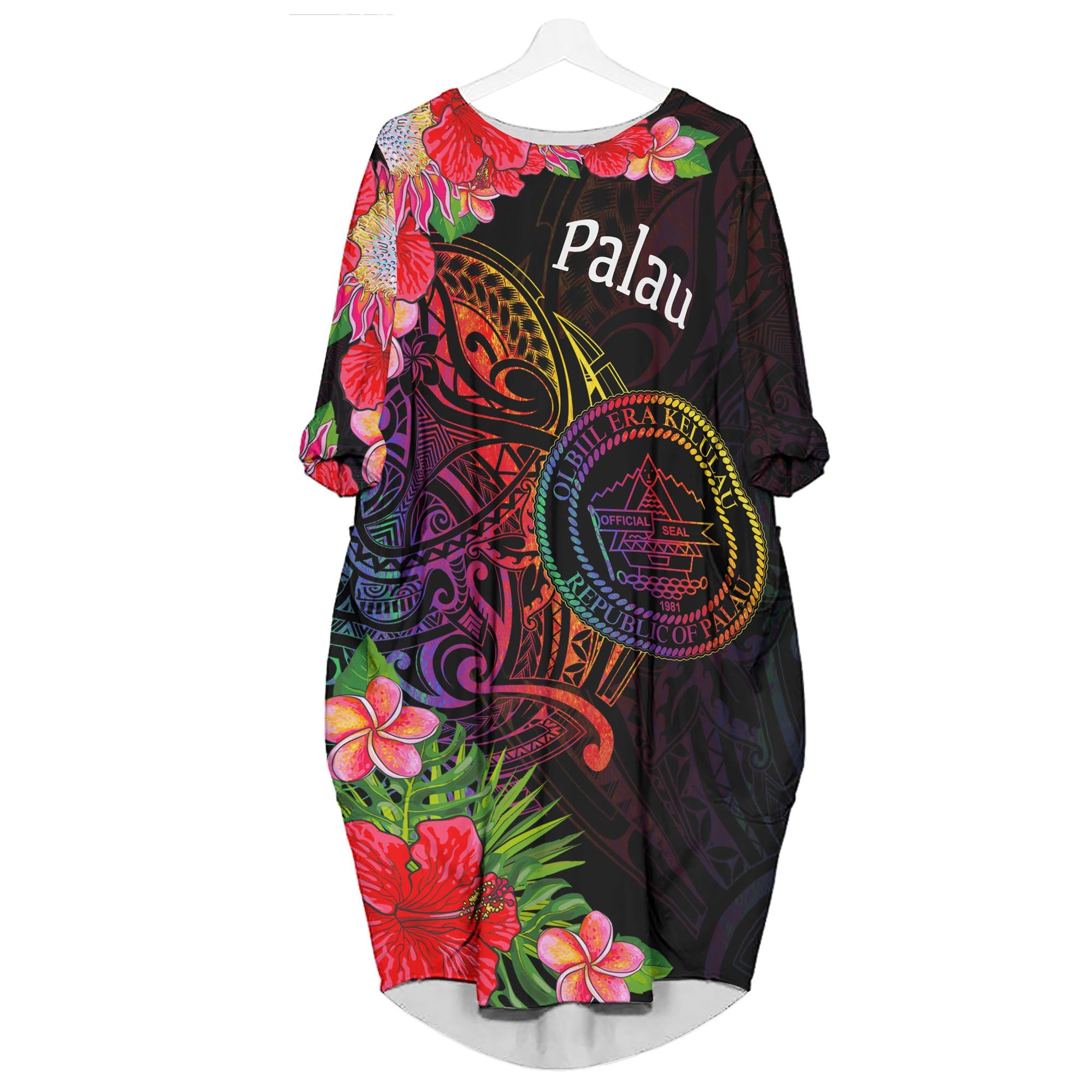 Palau Batwing Pocket Dress - Tropical Hippie Style Women Black - Polynesian Pride