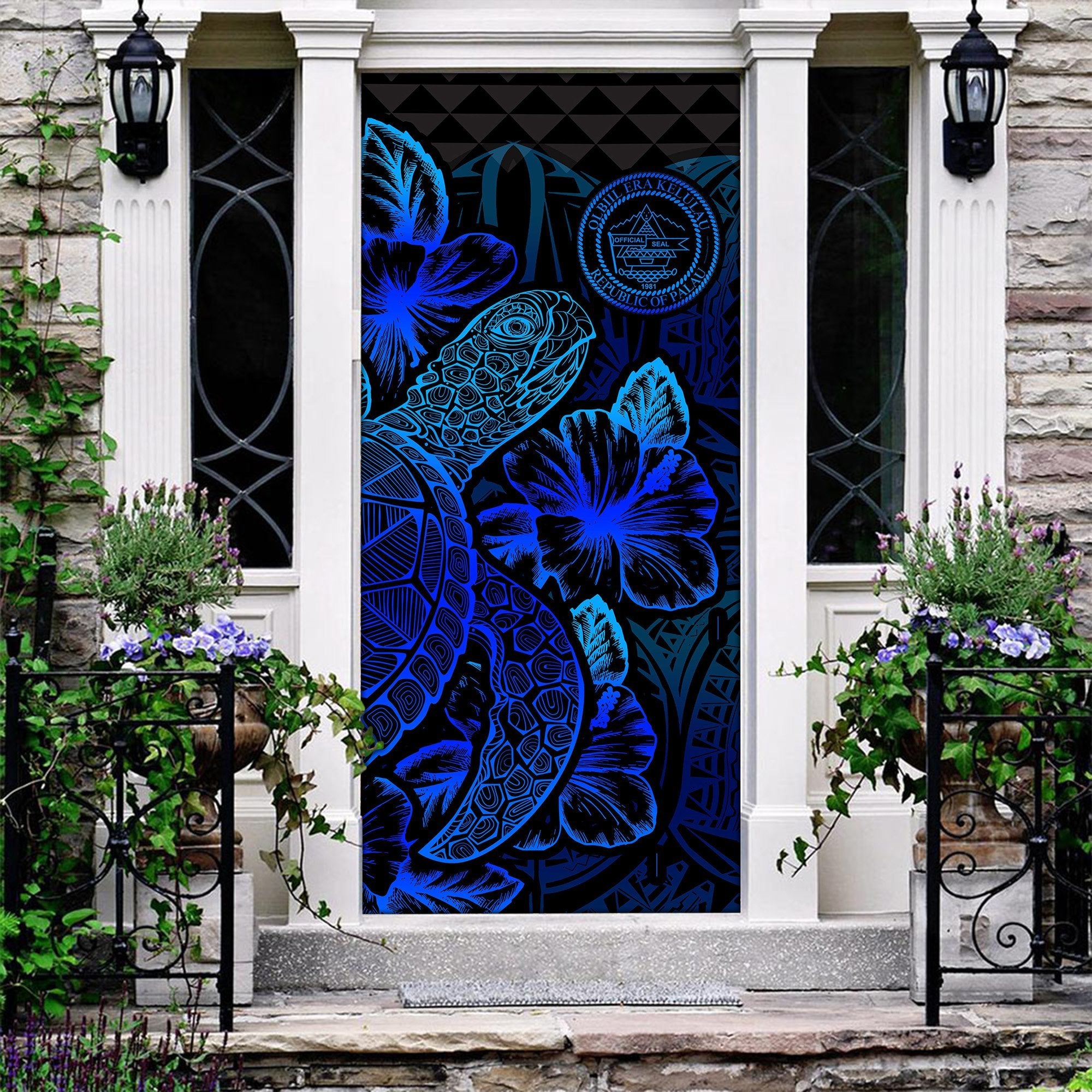 Palau Door Cover Turtle Hibiscus Blue - Polynesian Pride