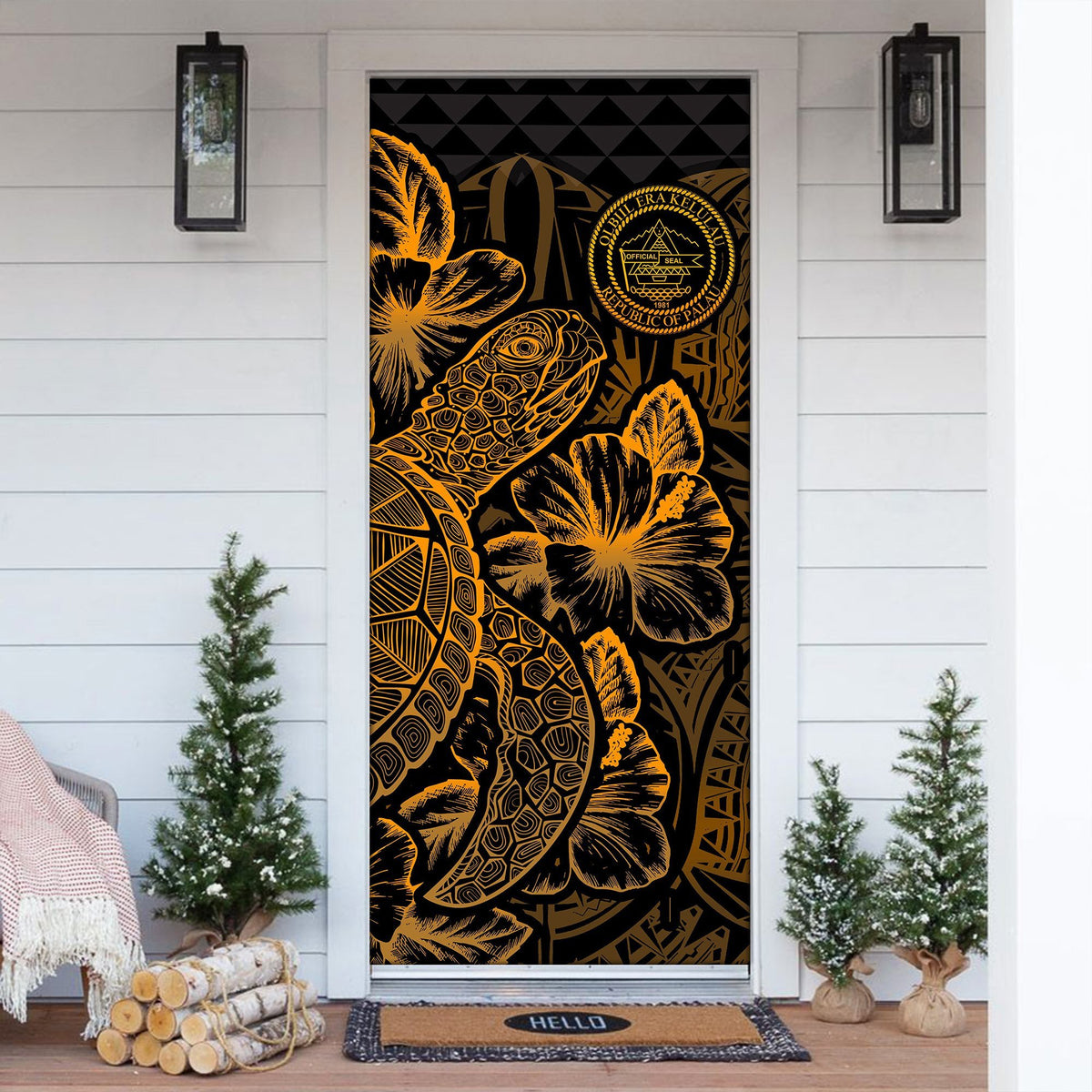 Palau Door Cover Turtle Hibiscus Gold - Polynesian Pride