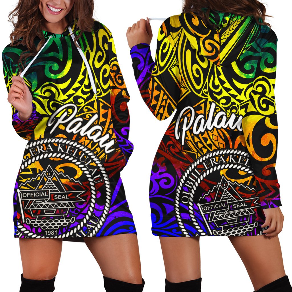 Palau Women Hoodie Dress - Rainbow Polynesian Pattern Rainbow - Polynesian Pride