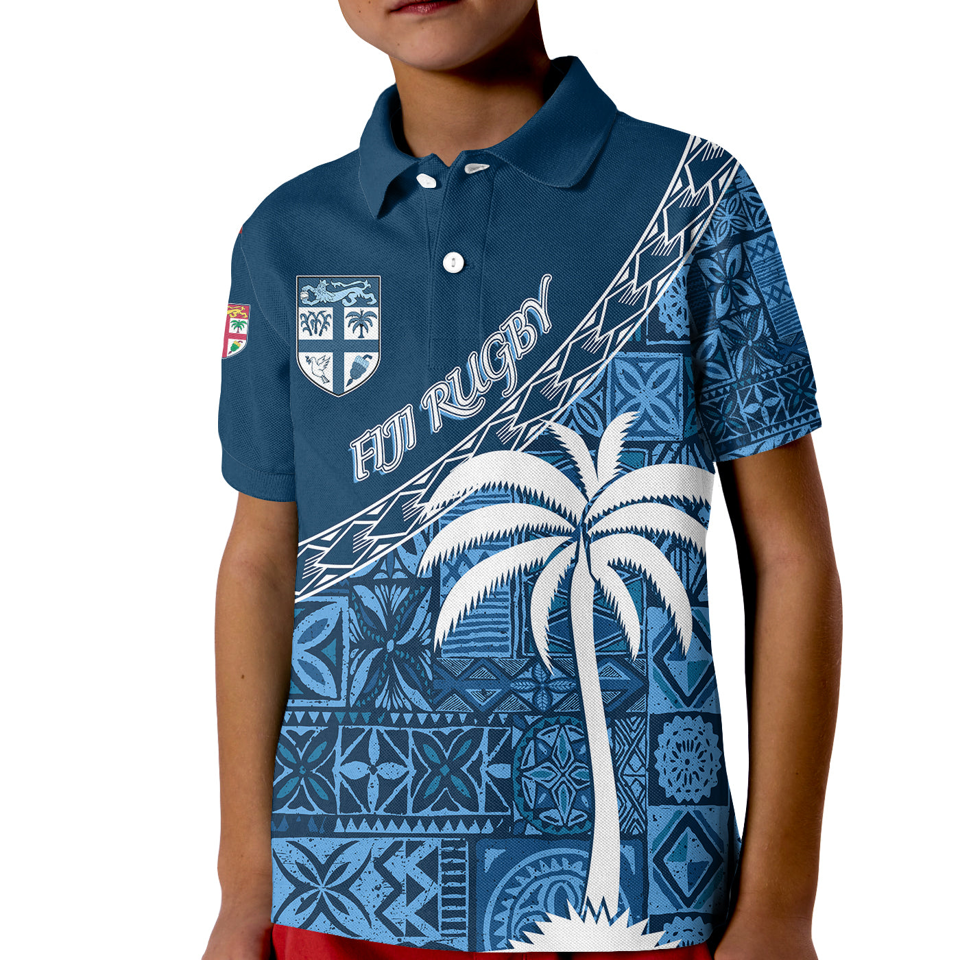 (Custom Personalize) Tapa Pattern with Palm Tree Fiji Rugby Polo Shirt KID LT7 Unisex Navy - Polynesian Pride