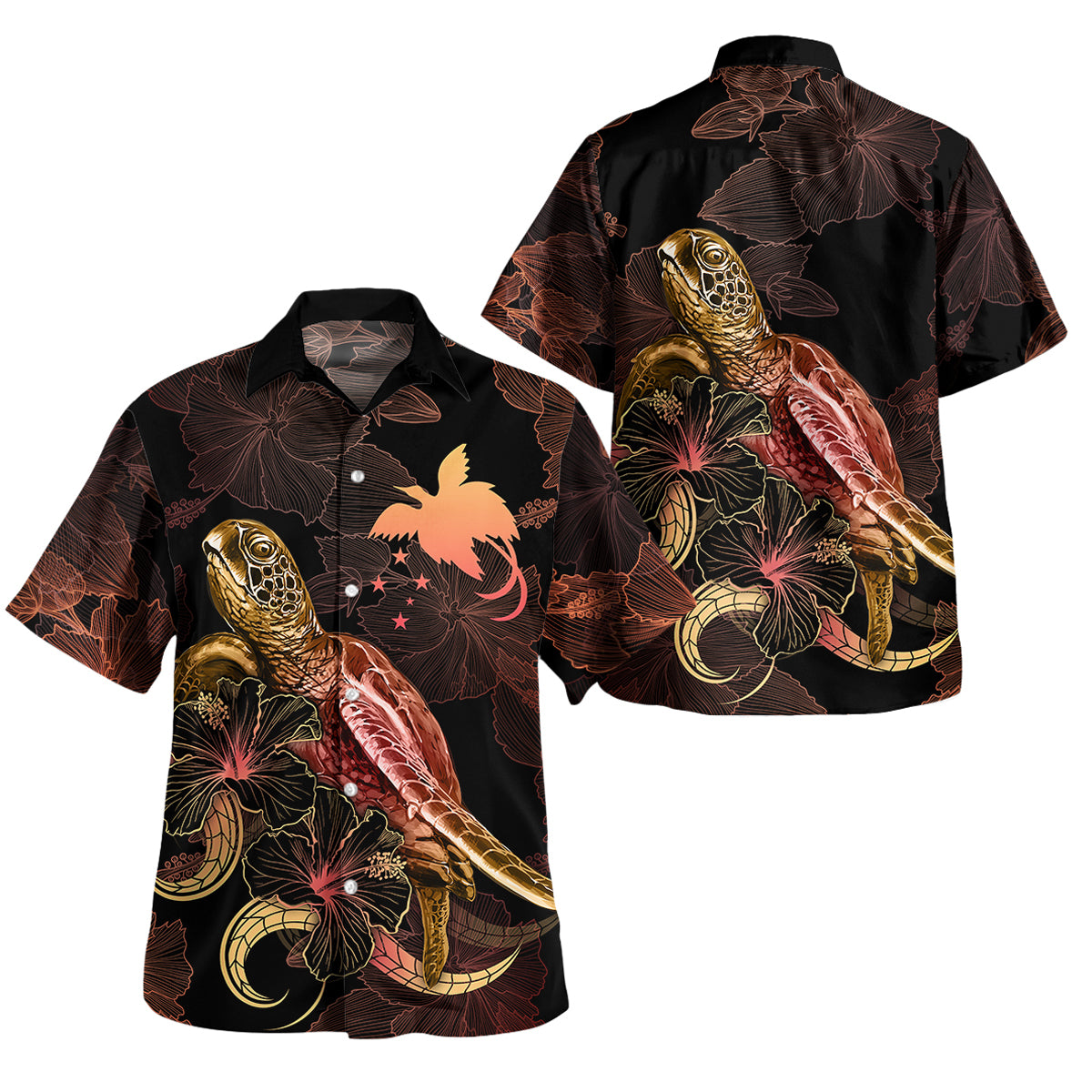 Papua New Guinea Short Sleeve Shirt - Custom PNG Pride With Polynesian Turtle Blooming Hibiscus Gold Unisex Gold - Polynesian Pride