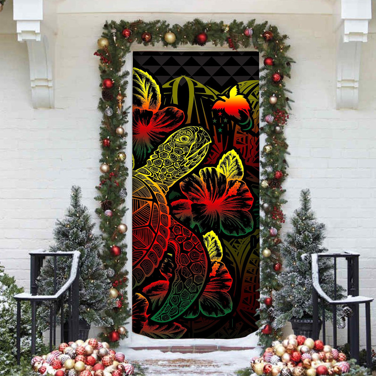 Papua New Guinea Door Cover Turtle Hibiscus Reggae - Polynesian Pride
