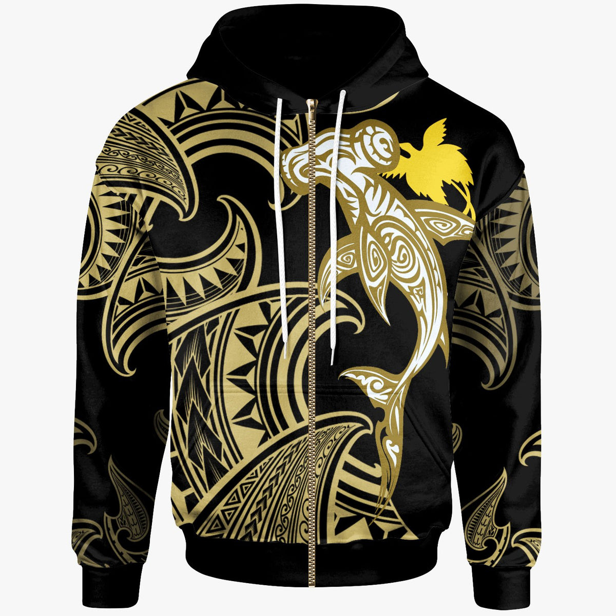 Papua Zip Hoodie Hammerhead Shark Tribal Pattern Unisex Gold - Polynesian Pride