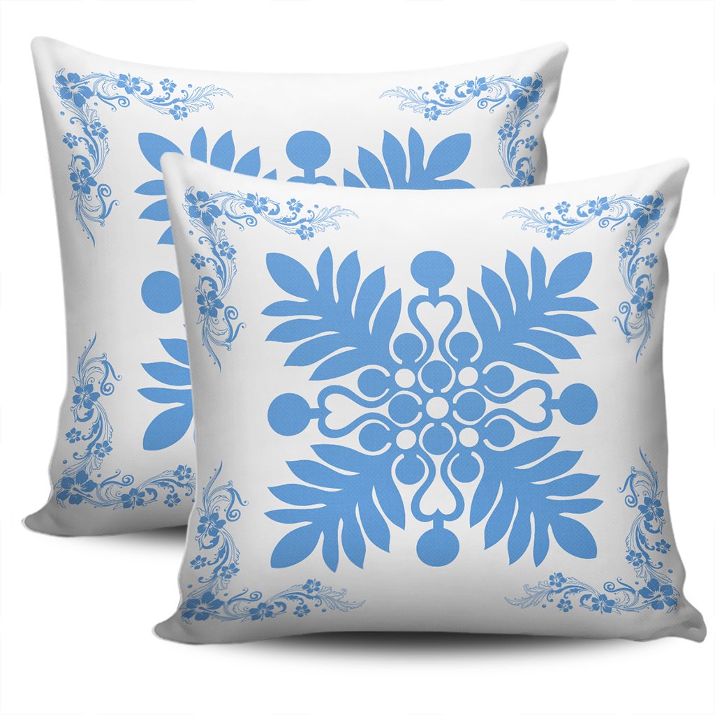 Hawaiian Quilt Maui Plant And Hibiscus Pattern Pillow Covers - Pastel White - AH - Polynesian Pride