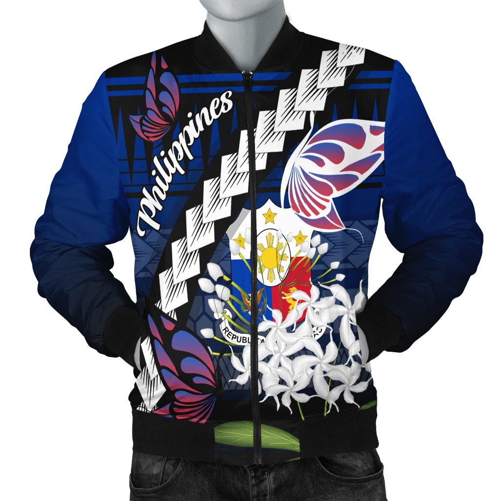 Philippines Men's Bomber Jacket - Butterfly Sampaguita Flower Blue - Polynesian Pride