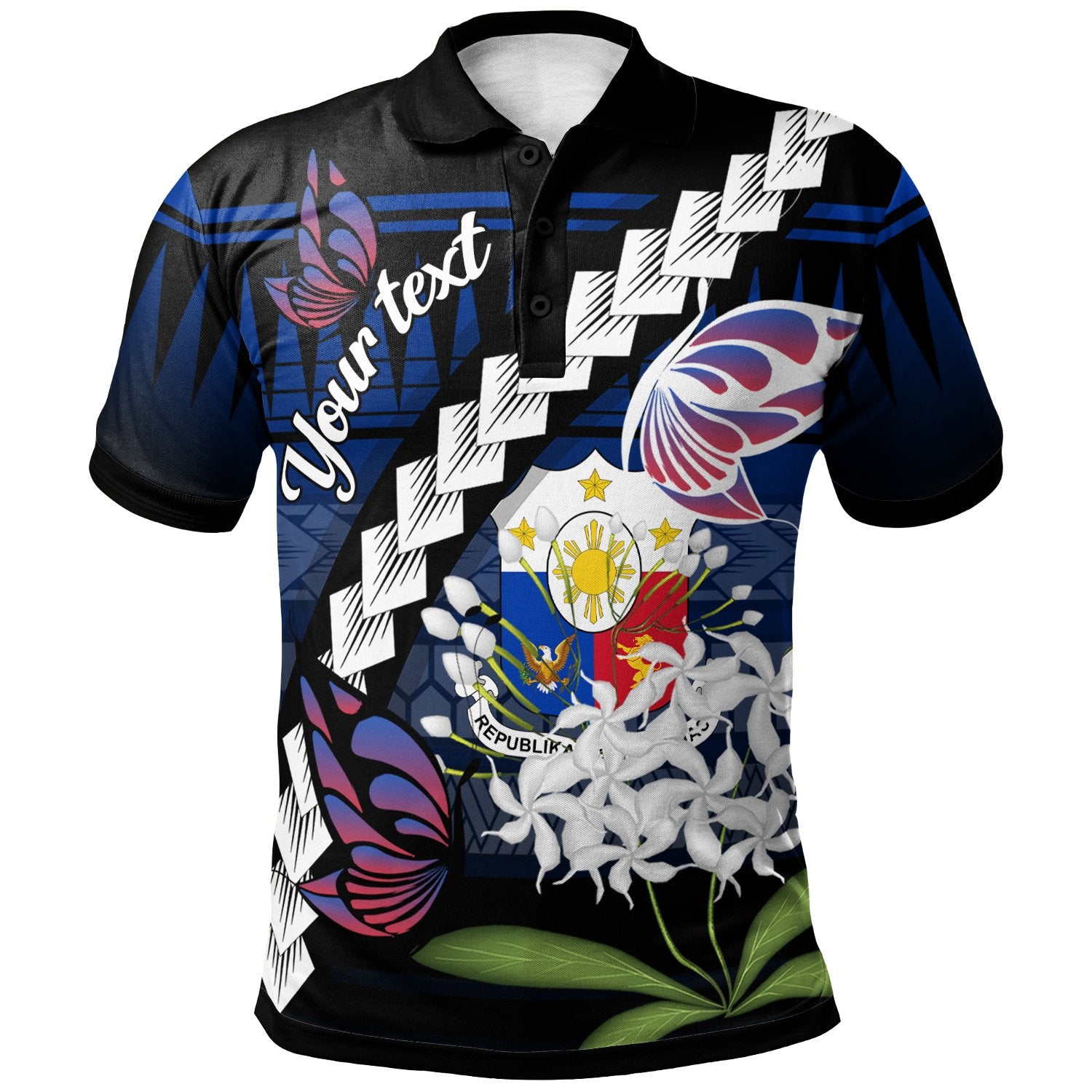 Philippines Custom Polo Shirt Butterfly Sampaguita Flower Unisex Black - Polynesian Pride