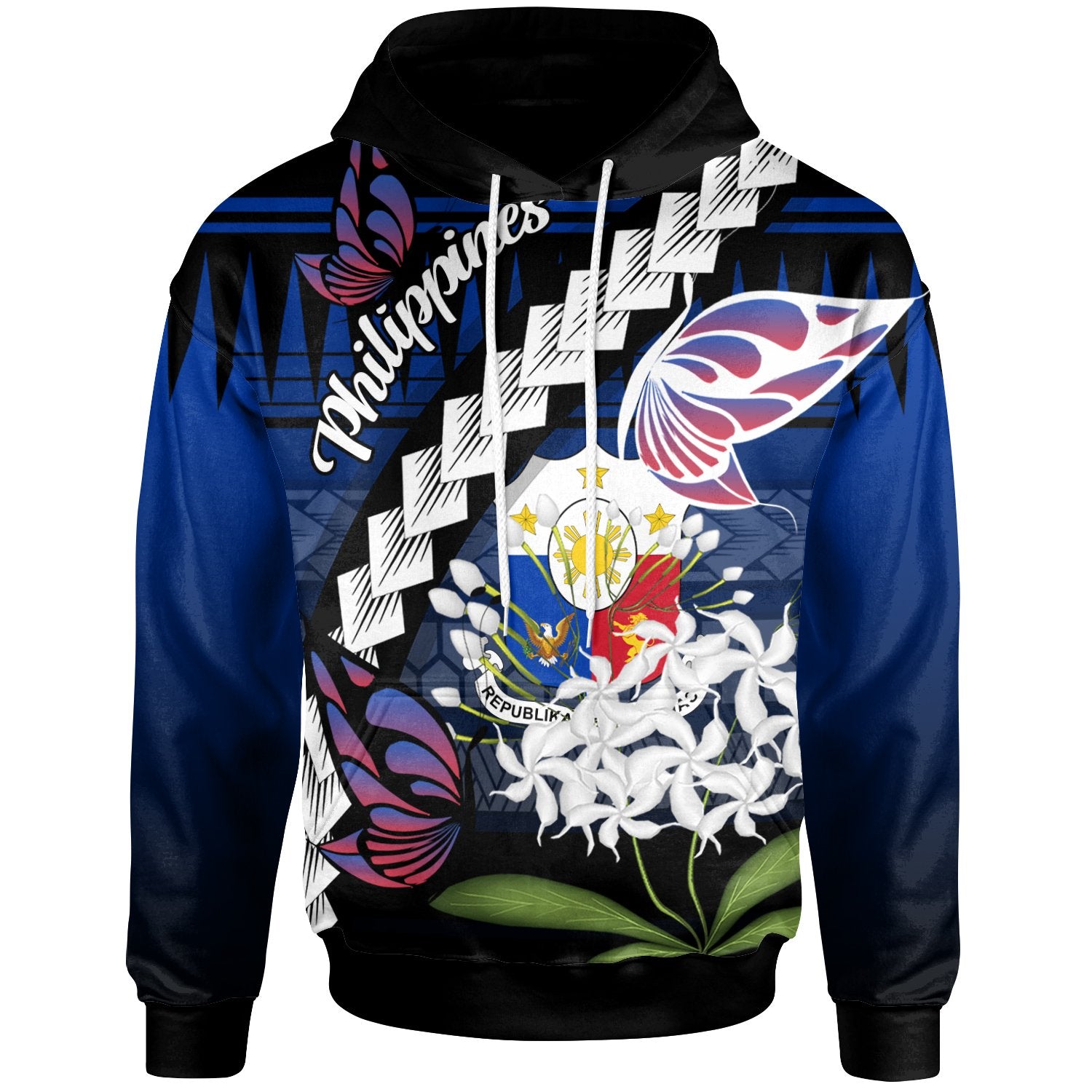 Philippines Hoodie Butterfly Sampaguita Flower Unisex Black - Polynesian Pride