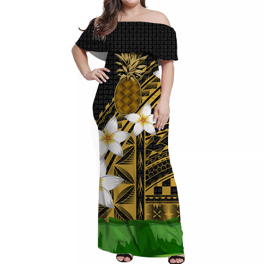 Hawaii Pineapple Off Shoulder Dress - Banana Leaf With Plumeria Flowers - LT12 Long Dress Yellow - Polynesian Pride