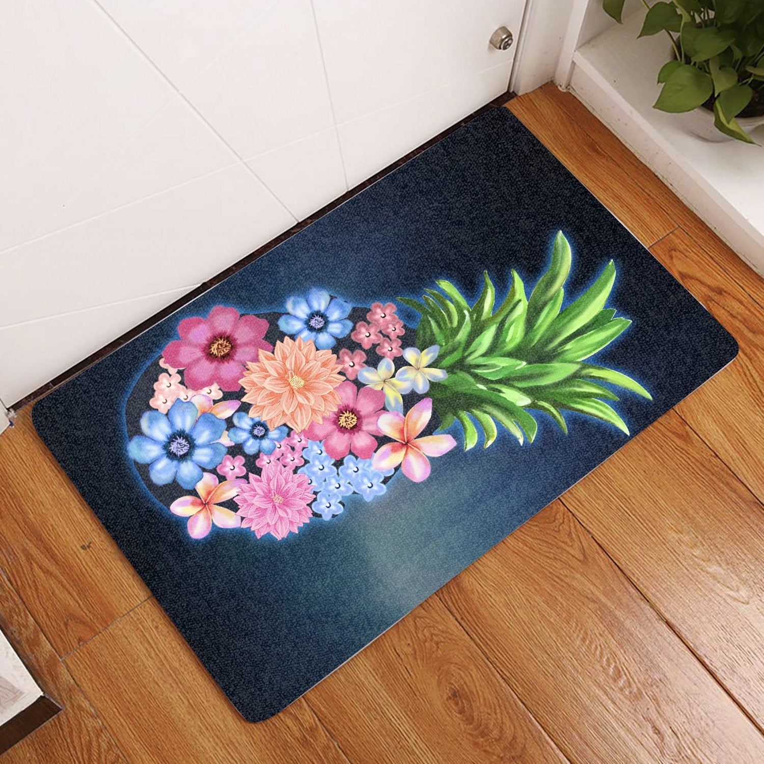 Pineapple Hibiscus Pattern Door Mat AH Door Mat Black - Polynesian Pride