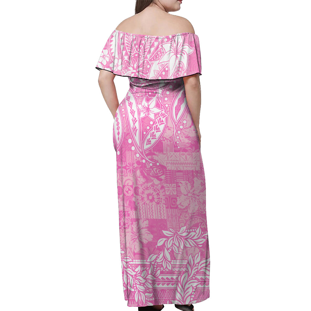 Polynesian Off Shoulder Long Dress Tapa Plumeria Style - Pink LT7 - Polynesian Pride