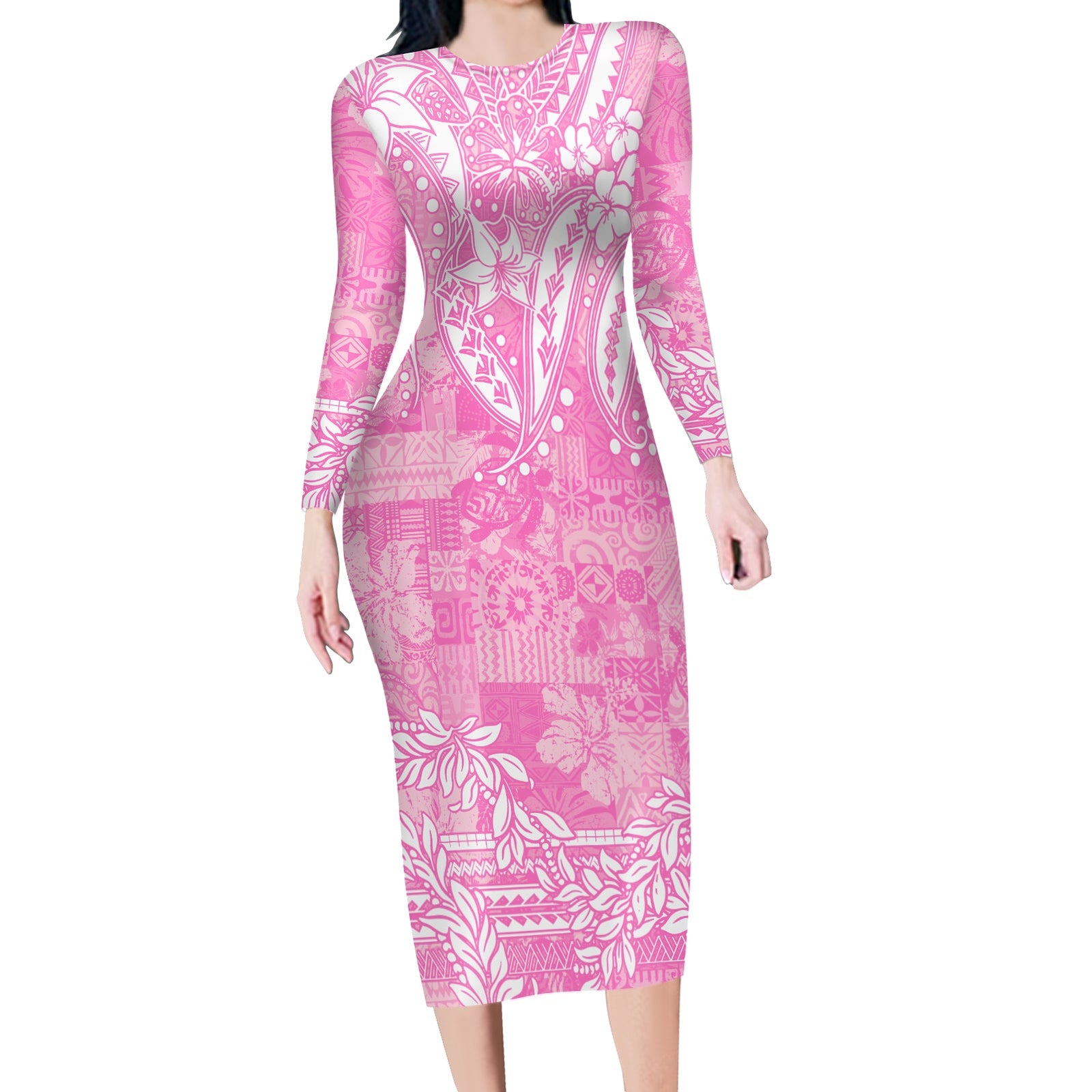 Polynesian Long Sleeves Bodycon Dress Tapa Plumeria Style - Pink LT7 Polyester spandex Pink - Polynesian Pride