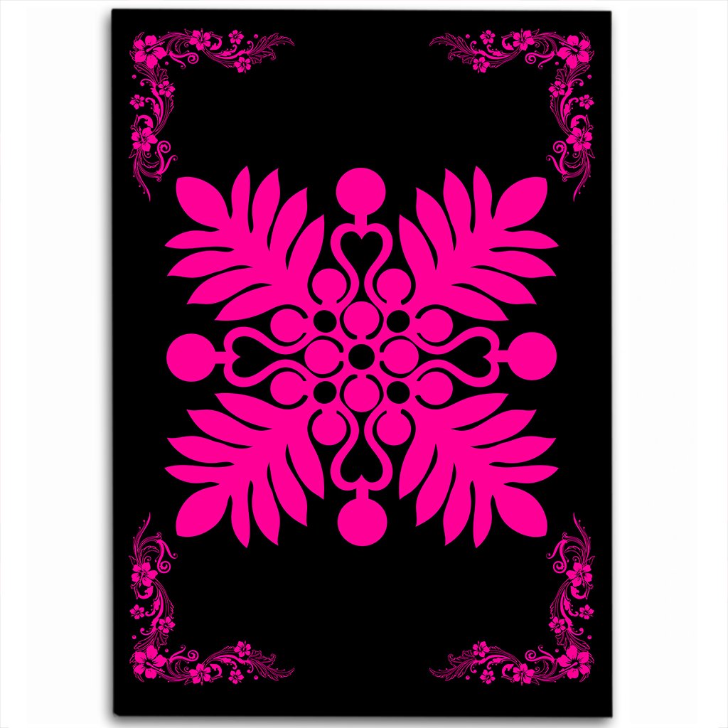 Hawaiian Quilt Maui Plant And Hibiscus Pattern Area Rug - Pink Black - AH Pink - Polynesian Pride