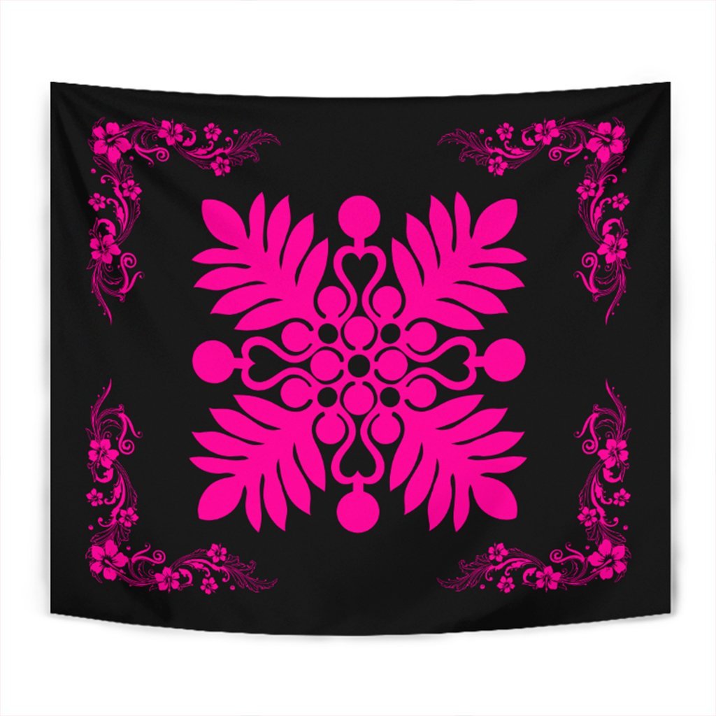 Hawaiian Quilt Maui Plant And Hibiscus Tappestry - Pink Black - AH Wall Tapestry Pink - Polynesian Pride