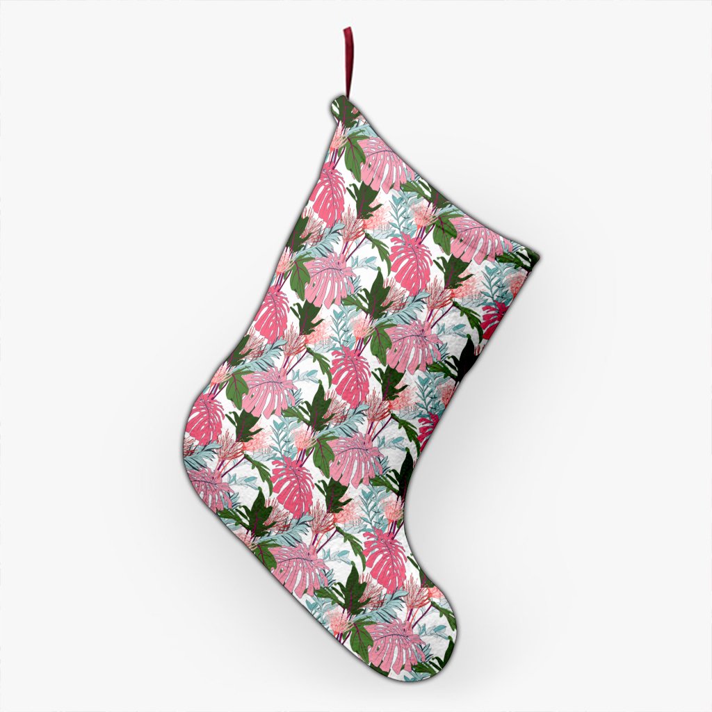 Pink Monstera And Green Tropical Leaves White Christmas Stocking 26 X 42 cm Black Christmas Stocking - Polynesian Pride