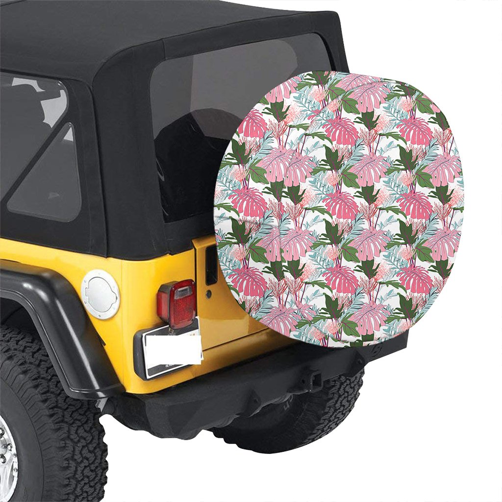 Pink Monstera And Green Tropical Leaves White Hawaii Spare Tire Cover - Polynesian Pride