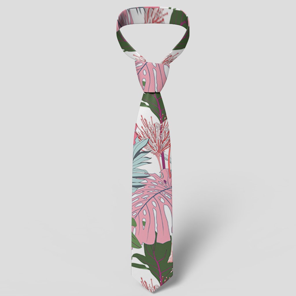 Pink Monstera And Green Tropical Leaves White Necktie - Polynesian Pride