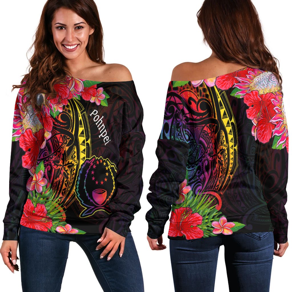 Pohnpei Women's Off Shoulder Sweater - Tropical Hippie Style Black - Polynesian Pride