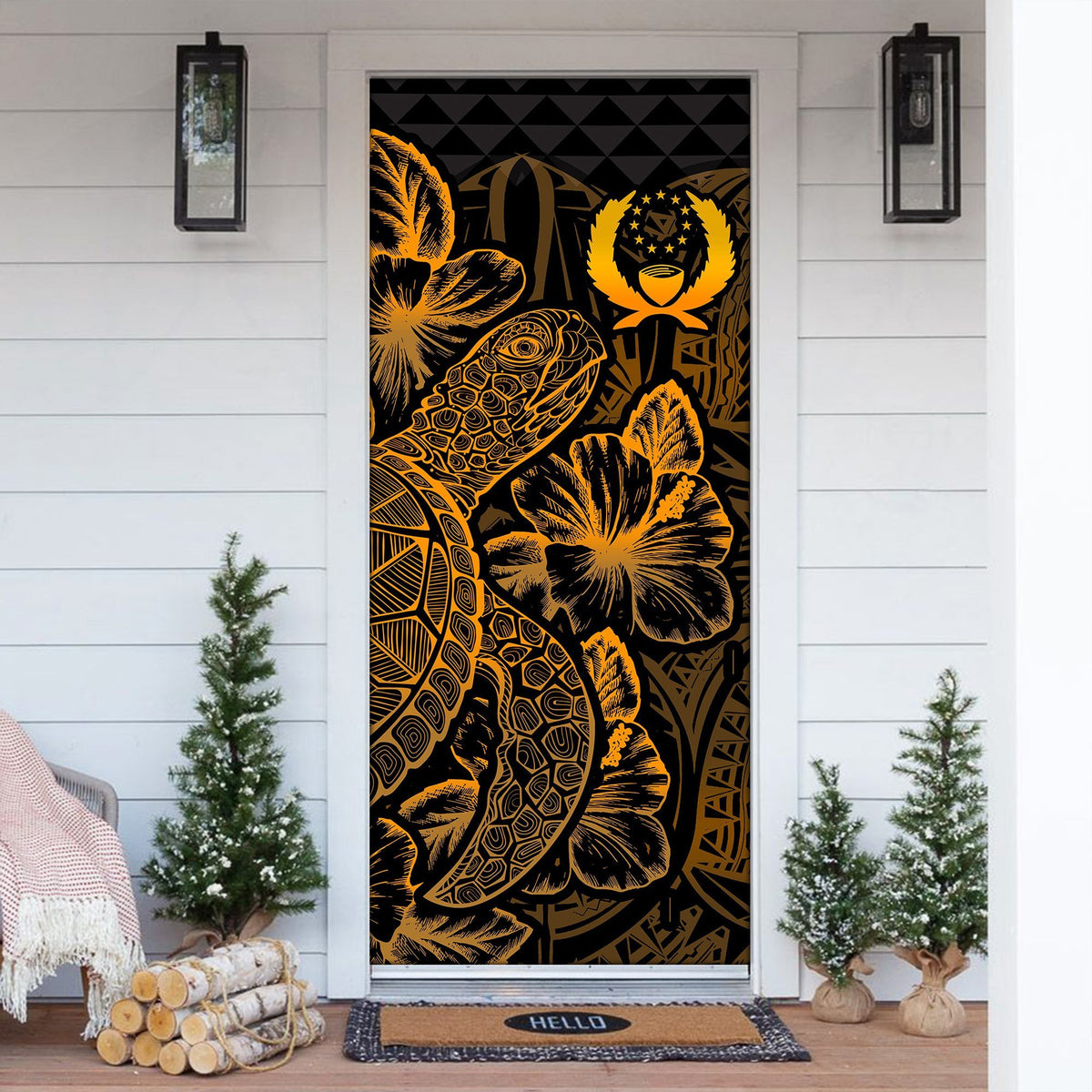 Pohnpei Door Cover Turtle Hibiscus Gold - Polynesian Pride