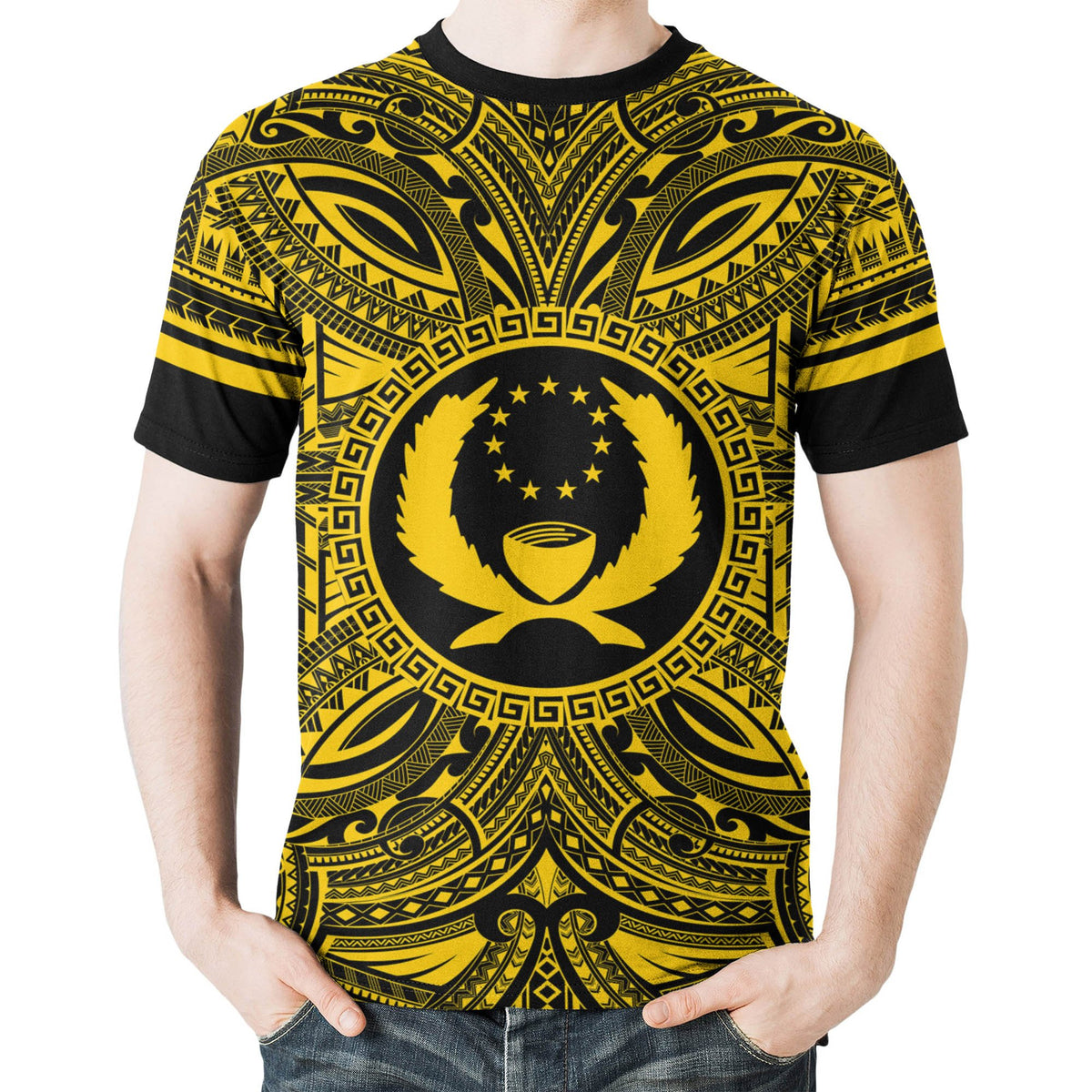 Pohnpei All T Shirt Pohnpei Coat Of Arms Polynesian Gold Black - Polynesian Pride
