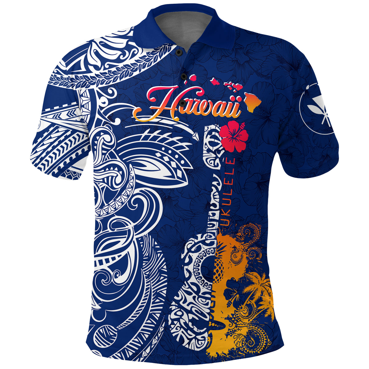 Hawaii Ukulele Unique Style Polo Shirt Hibiscus Pattern LT7 Unisex Blue - Polynesian Pride