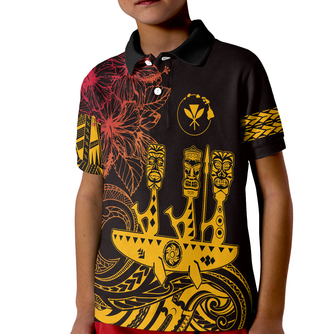 Hawaii Outrigger Canoe Paddling KID Polo Shirt Tribal Tiki LT7 Unisex Black - Polynesian Pride