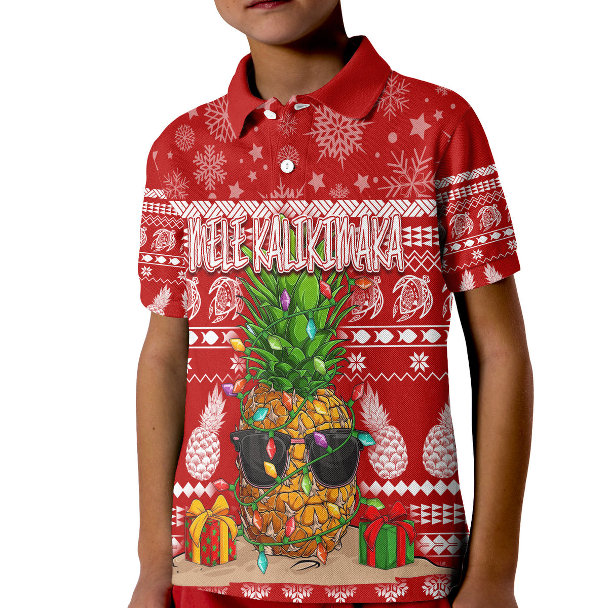 Hawaii Christmas Polo Shirt KID Mele Kalikimaka - Pineapple LT7 Kid Red - Polynesian Pride