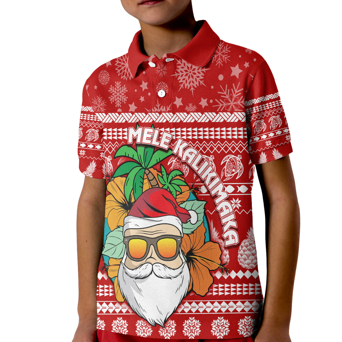 Hawaii Christmas Polo Shirt KID Mele Kalikimaka - Tropical Santa LT7 Kid Red - Polynesian Pride