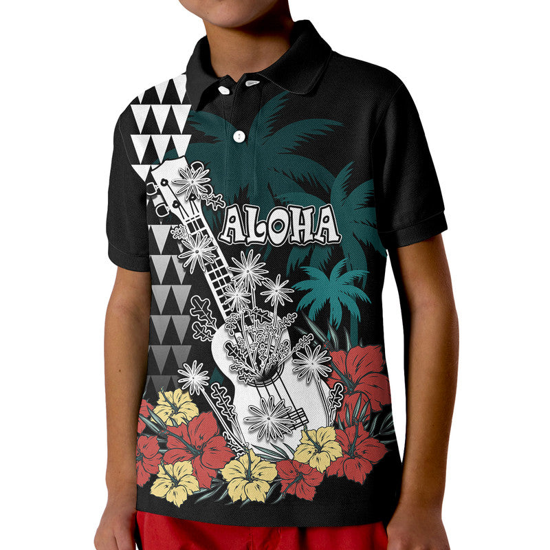 Hawaii Ukulele Mix Hibiscus and Coconut Tree Polo Shirt Aloha Vintage Black Version LT9 - Polynesian Pride