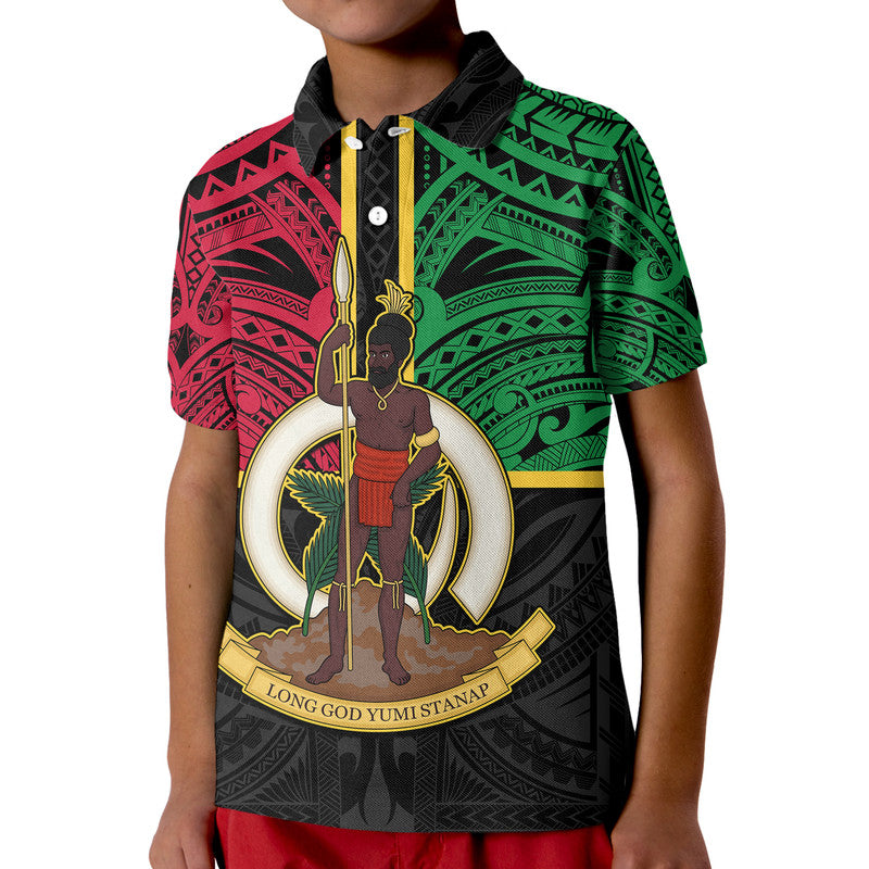 (Custom Personalised) Vanuatu Kid Polo Shirt Tribal Vanuatu Coat Of Arms Flag Style No2 LT9 Kid Black - Polynesian Pride