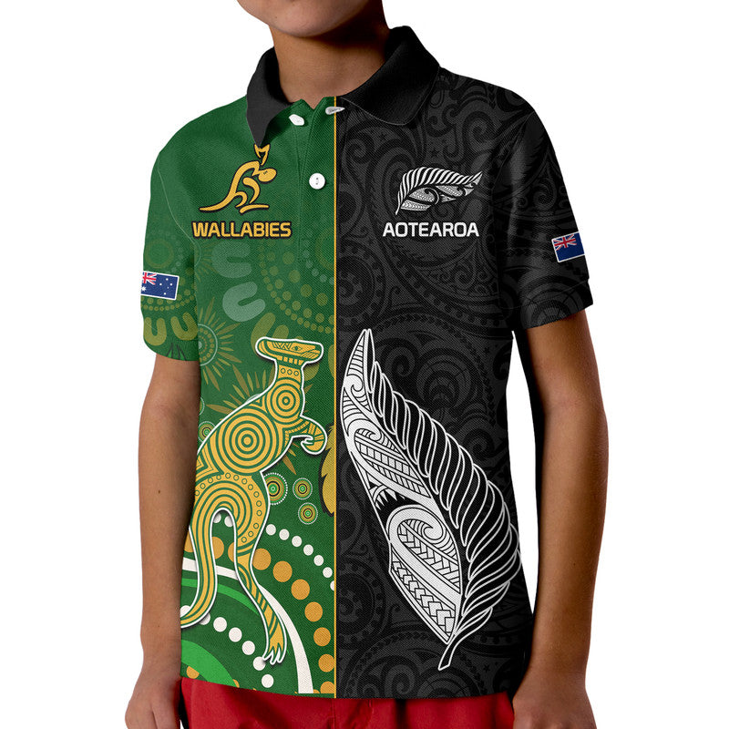 (Custom Personalised) Aotearoa Rugby All Black Combine Australia Wallabies Kid Polo Shirt Aboriginal Kangaroo And Maori Fern LT9 Kid Black - Polynesian Pride