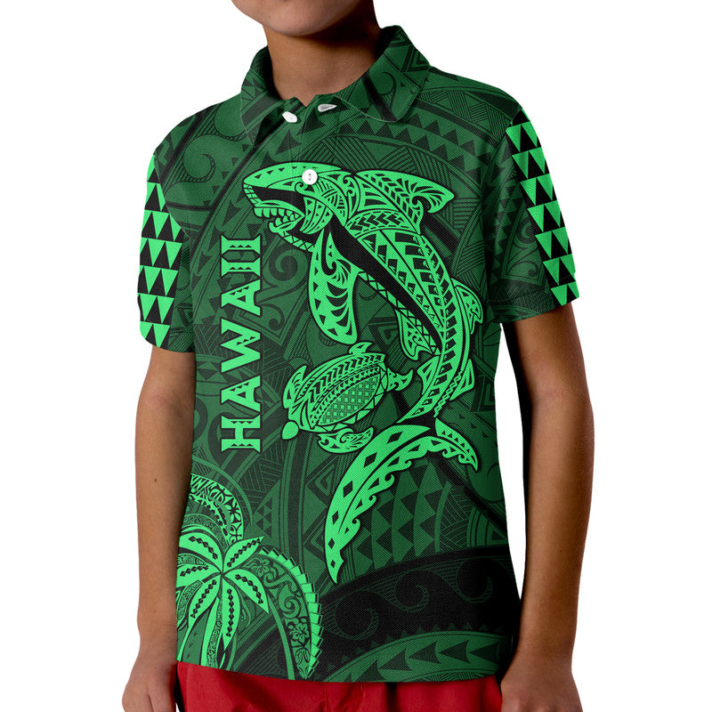 Hawaii Polo Shirt Shark and Turtle Mix Kakau Green LT9 - Polynesian Pride