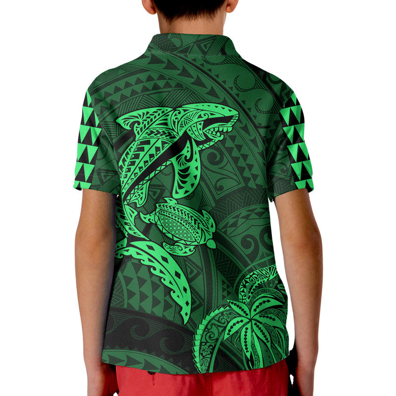Hawaii Polo Shirt Shark and Turtle Mix Kakau Green LT9 - Polynesian Pride