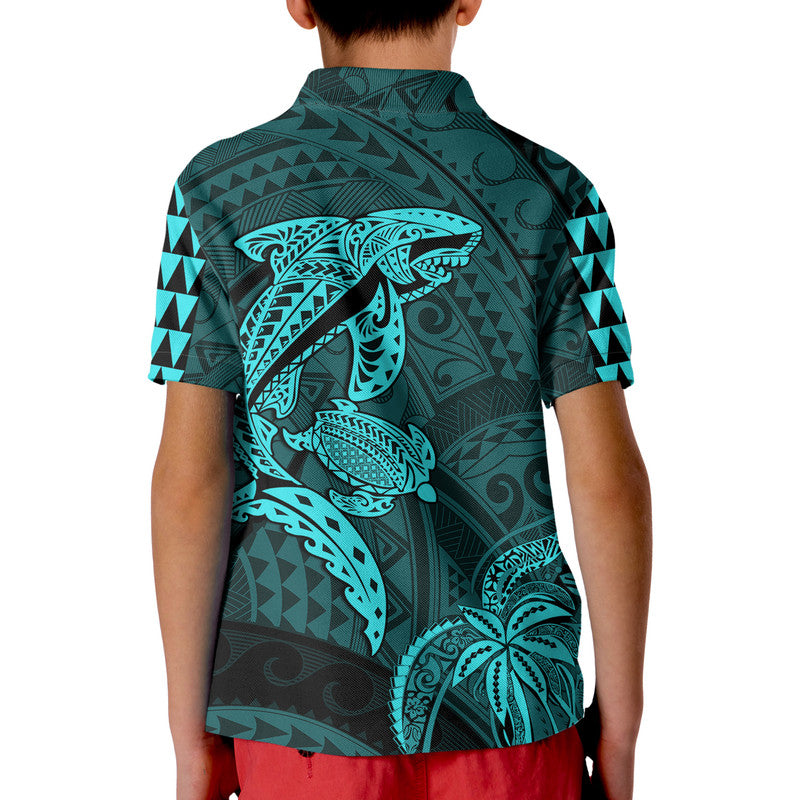 Hawaii Polo Shirt Shark and Turtle Mix Kakau Turquoise LT9 - Polynesian Pride