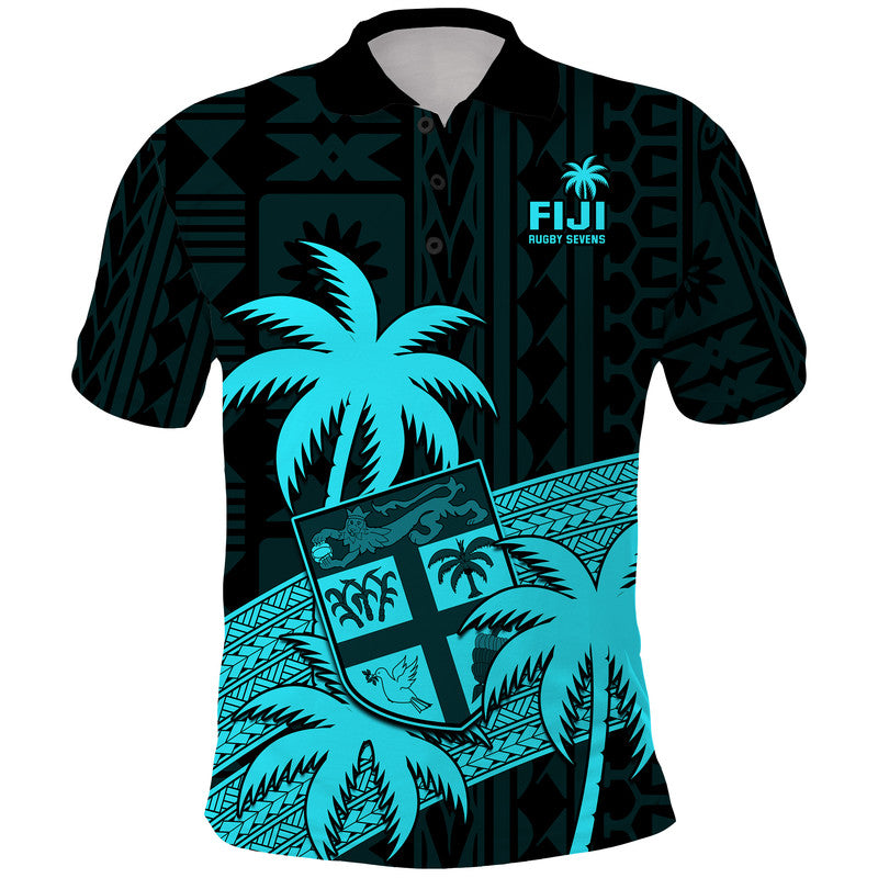 Custom Fiji Rugby Sevens Polo Shirt Tapa Palm Tree and Fijian Coat of Arms LT9 Blue - Polynesian Pride