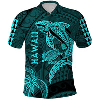 Hawaii Polo Shirt Shark and Turtle Mix Kakau Turquoise LT9 Turquoise - Polynesian Pride