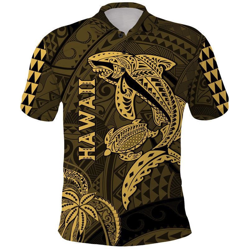 Hawaii Polo Shirt Shark and Turtle Mix Kakau Gold LT9 Gold - Polynesian Pride