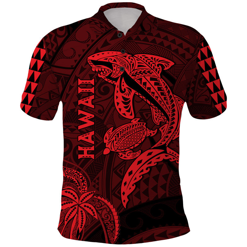 Hawaii Polo Shirt Shark and Turtle Mix Kakau Red LT9 Red - Polynesian Pride