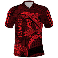 Hawaii Polo Shirt Shark and Turtle Mix Kakau Red LT9 Red - Polynesian Pride