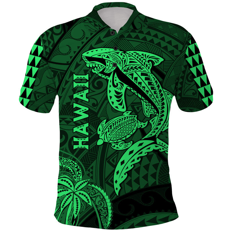 Hawaii Polo Shirt Shark and Turtle Mix Kakau Green LT9 Green - Polynesian Pride