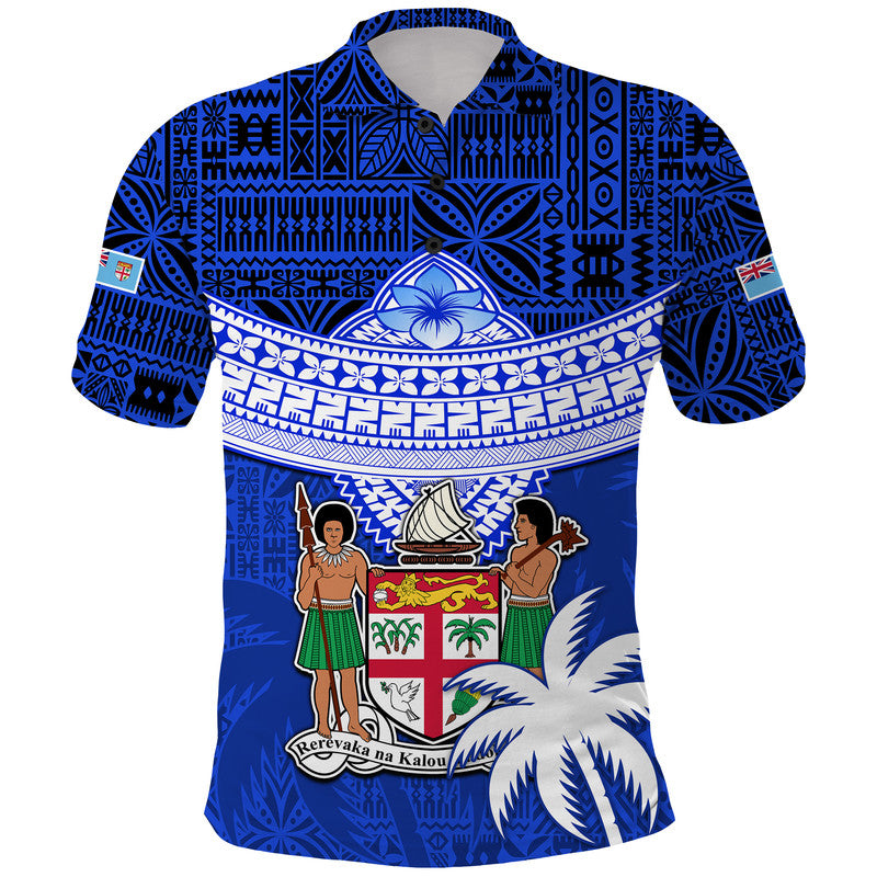 Custom Fiji Coat Of Arms Polo Shirt Polynesian Tapa Palm Tree LT9 Blue - Polynesian Pride