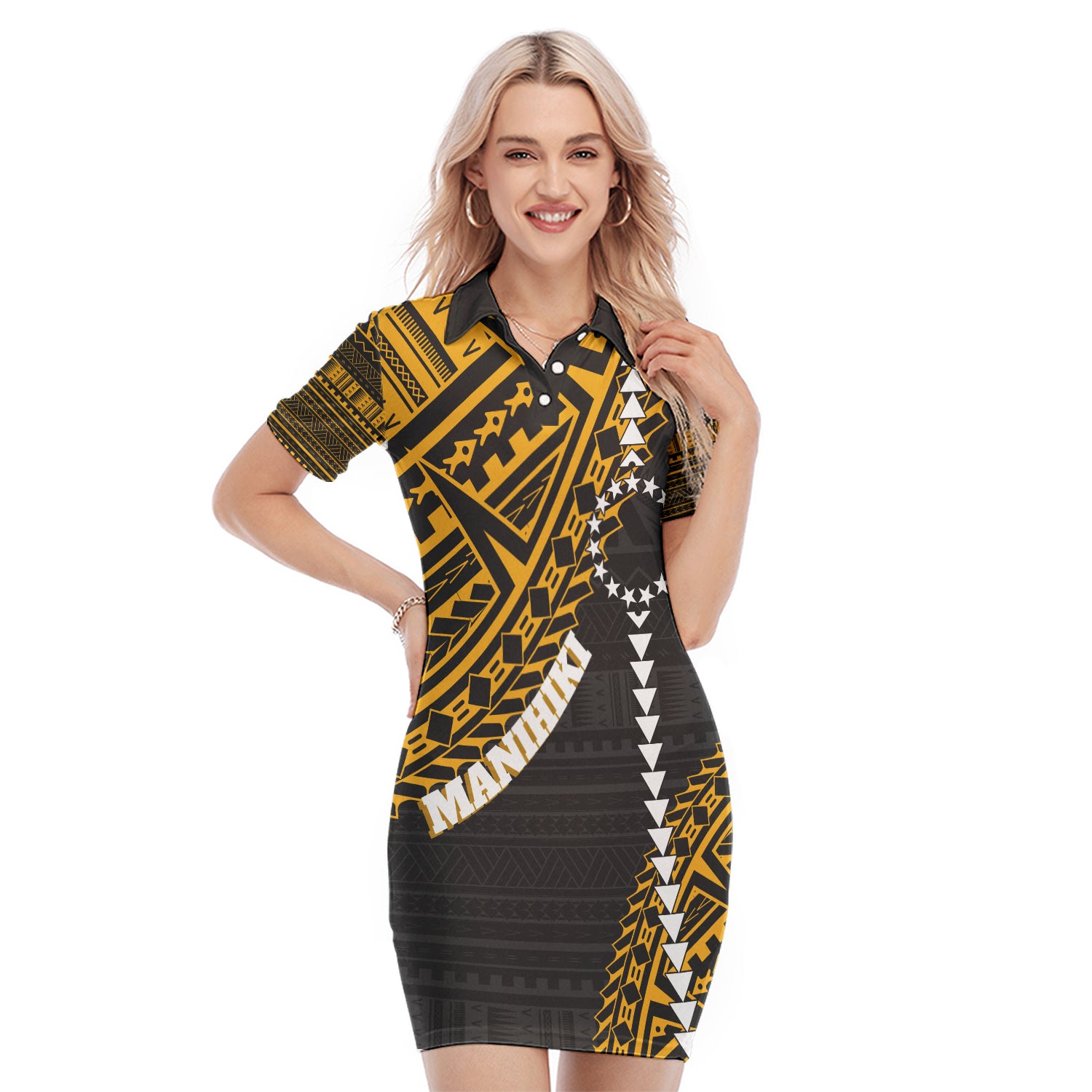 Cook Islands Tribal Personalised Polo Dress Island Map - Manihiki Island LT7 Black - Polynesian Pride