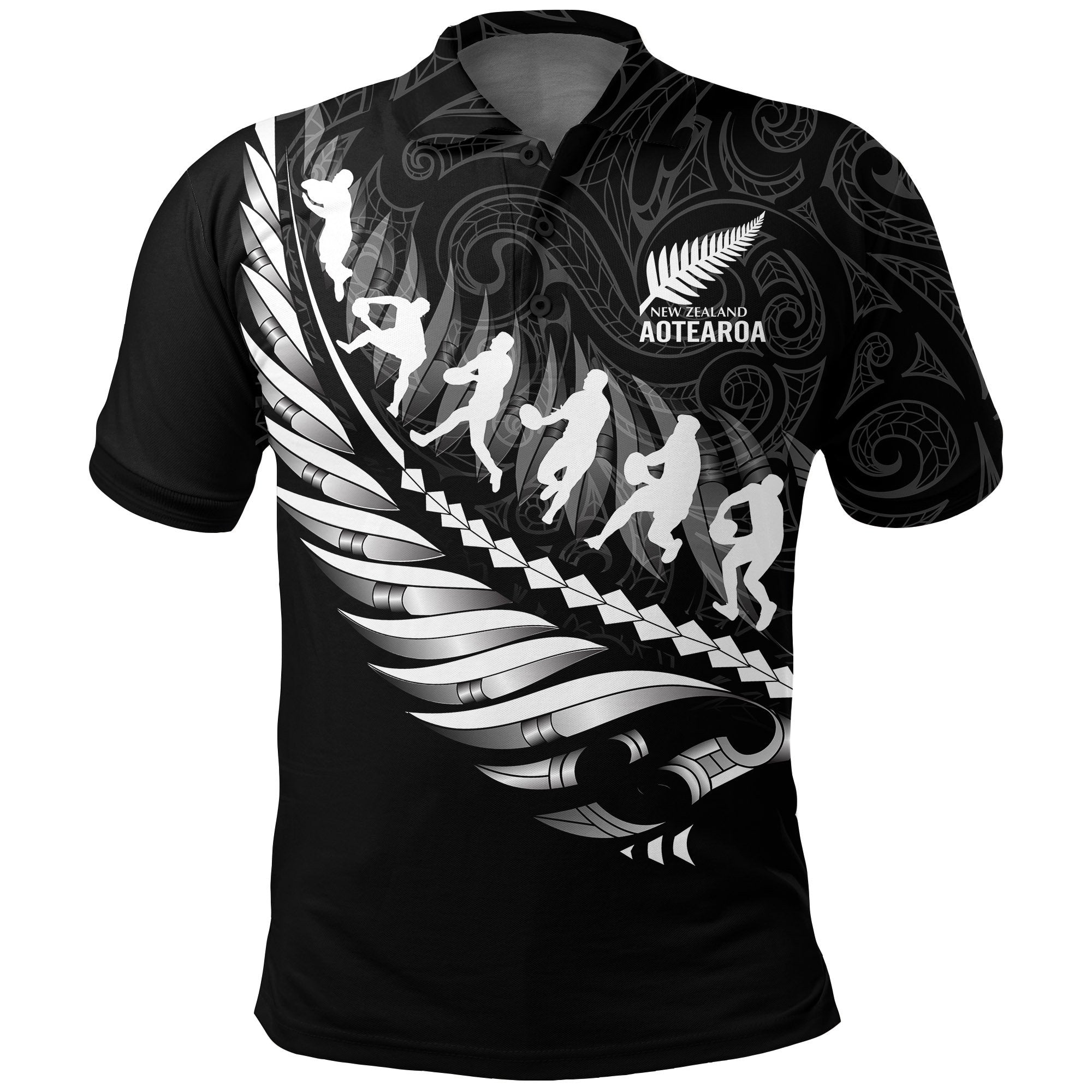 Aotearoa New Zealand Polo Shirt Maori Fern Rugby Black - Polynesian Pride