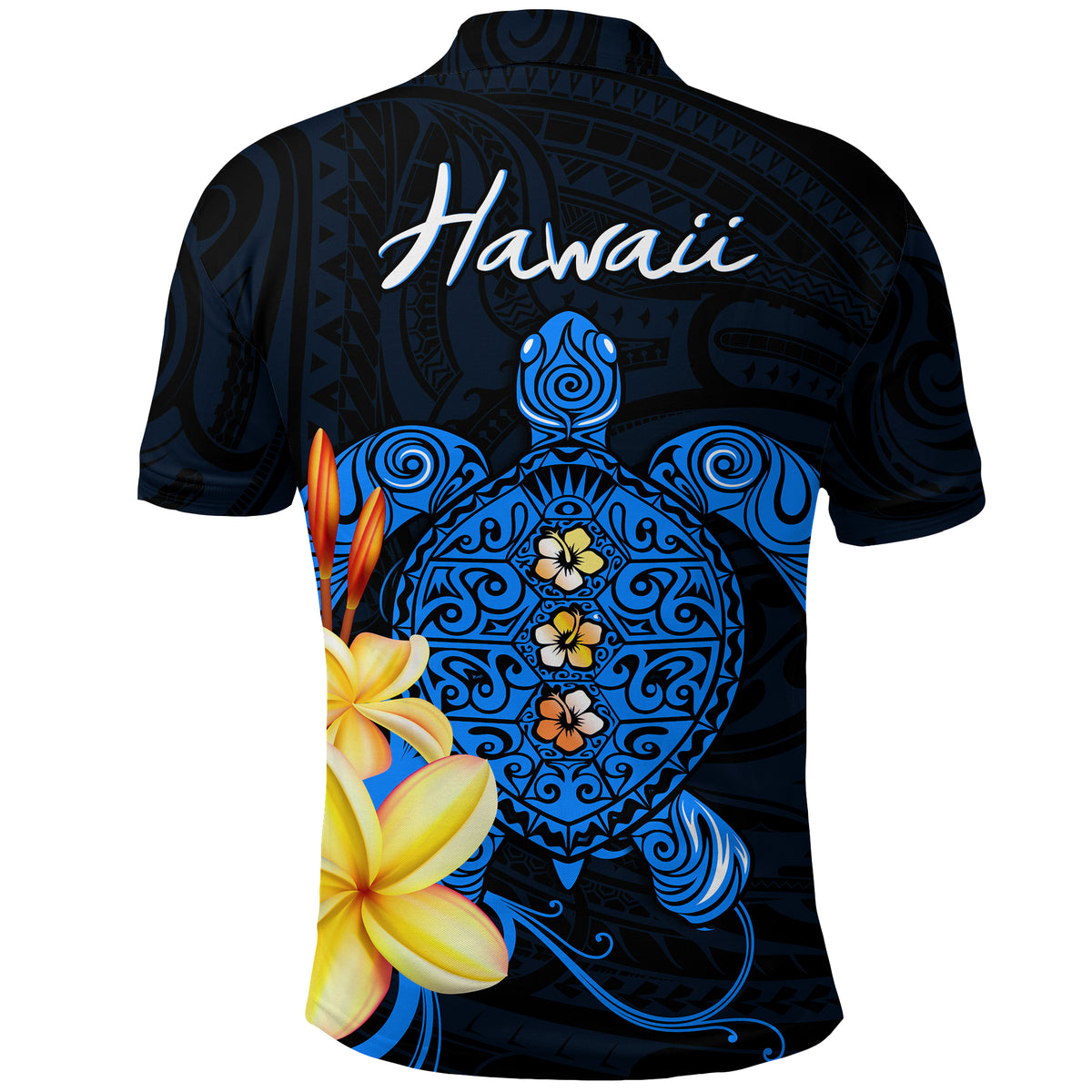 Hawaii Turtle Polo Shirt Hawaiian Flowers Version Blue Elegant LT13 - Polynesian Pride