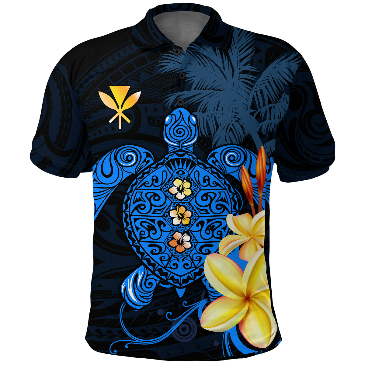 Custom Hawaii Turtle Polo Shirt Hawaiian Flowers Version Blue Elegant LT13 - Polynesian Pride